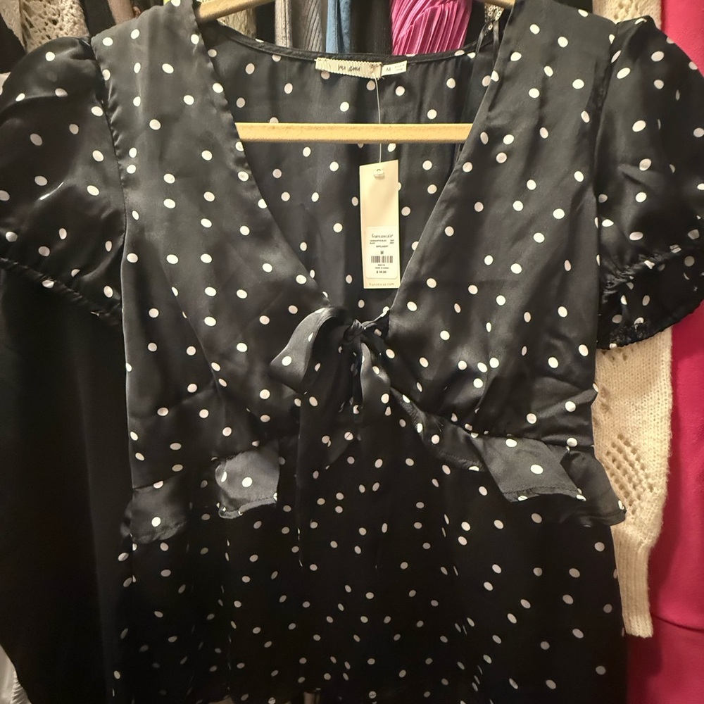 Francesca's Mi Ami Tie Front Satin Black and White Polka Dot Dress NWT - S